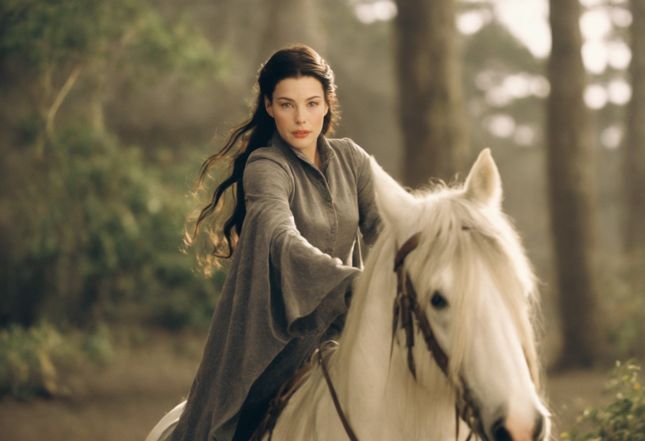 stunning photo of liv_arwen racing on a white horse, galloping, (pointed ears:0.7), ethereal elven beauty, <lora:arwen_pro...